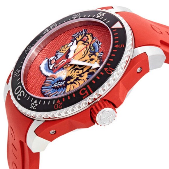 GUCCI Dive, Limited Edition Tiger Head Dial with a Red Rubber Band NEW YA136315 - Picture 2 of 6
